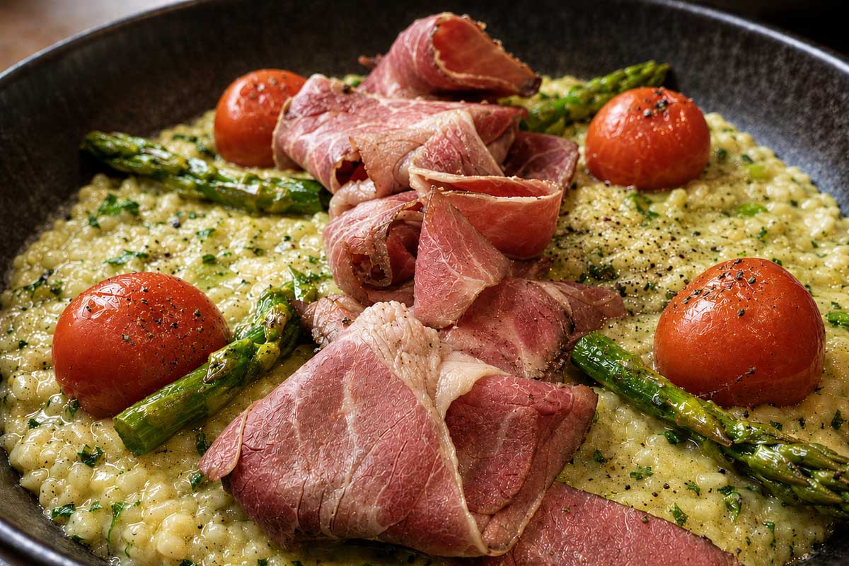 Spargelrisotto mit grünem Spargel, Tomaten, Pastrami